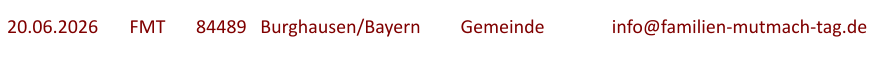 20.06.2026	  FMT  	84489   Burghausen/Bayern		Gemeinde		info@familien-mutmach-tag.de